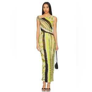 NWT AFRM Size XS Biona Maxi Dress Wing Stripe Mesh Ruched Fitted